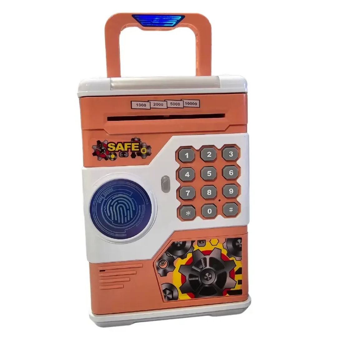 Roze sef kasica za decu sa tastaturom, fingerprint skenerom i slotom za novac.
