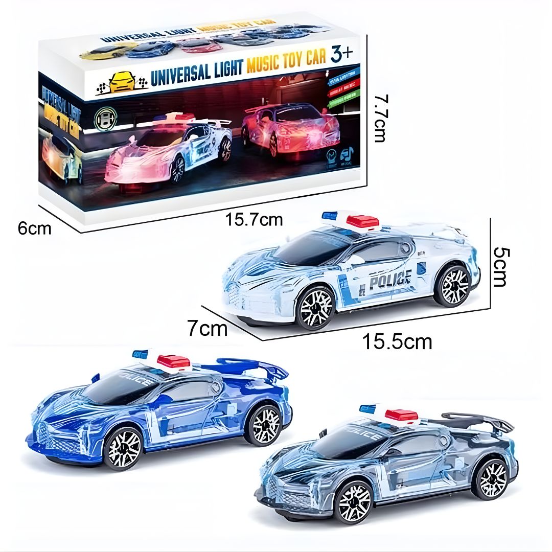 Mini policijski auto koji se rotira i svetli – igračka u pakovanju sa dimenzijama