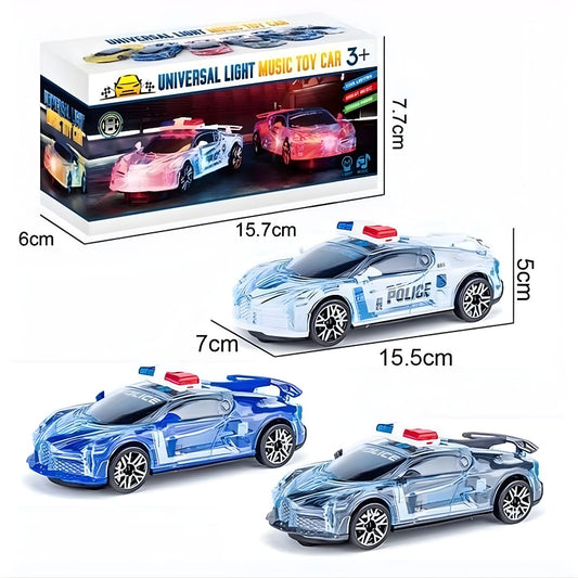 Mini policijski auto koji se rotira i svetli – igračka u pakovanju sa dimenzijama