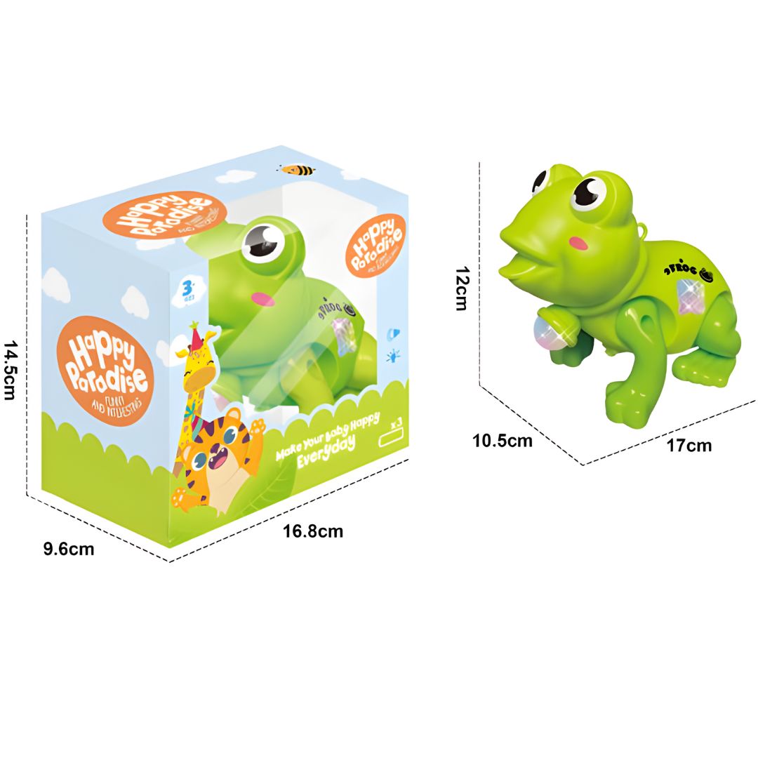 Muzička žaba sa projektorom – dimenzije igračke i pakovanja, svetleća i pokretna igračka za decu