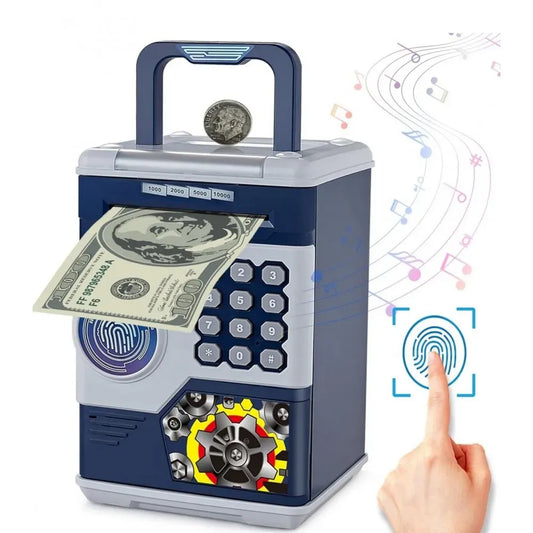 Sef kasica na otisak prsta – plava, uvlači novčanice i ima svetlosne efekte