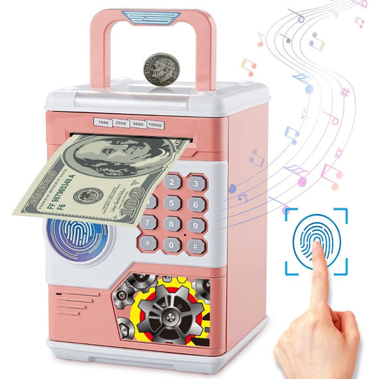 Roze sef kasica sa automatskim uvlačenjem novčanica, mestom za kovanice i svetlosnim efektima.