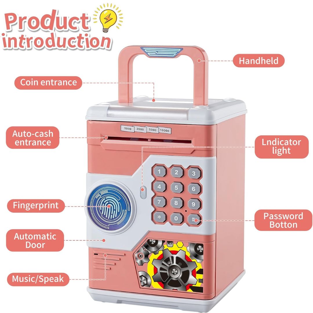 Roze sef kasica za decu sa označenim funkcijama: ulaz za kovanice, automatski ulaz za papirni novac, fingerprint skener, indikator svetla i tastatura za unos šifre.
