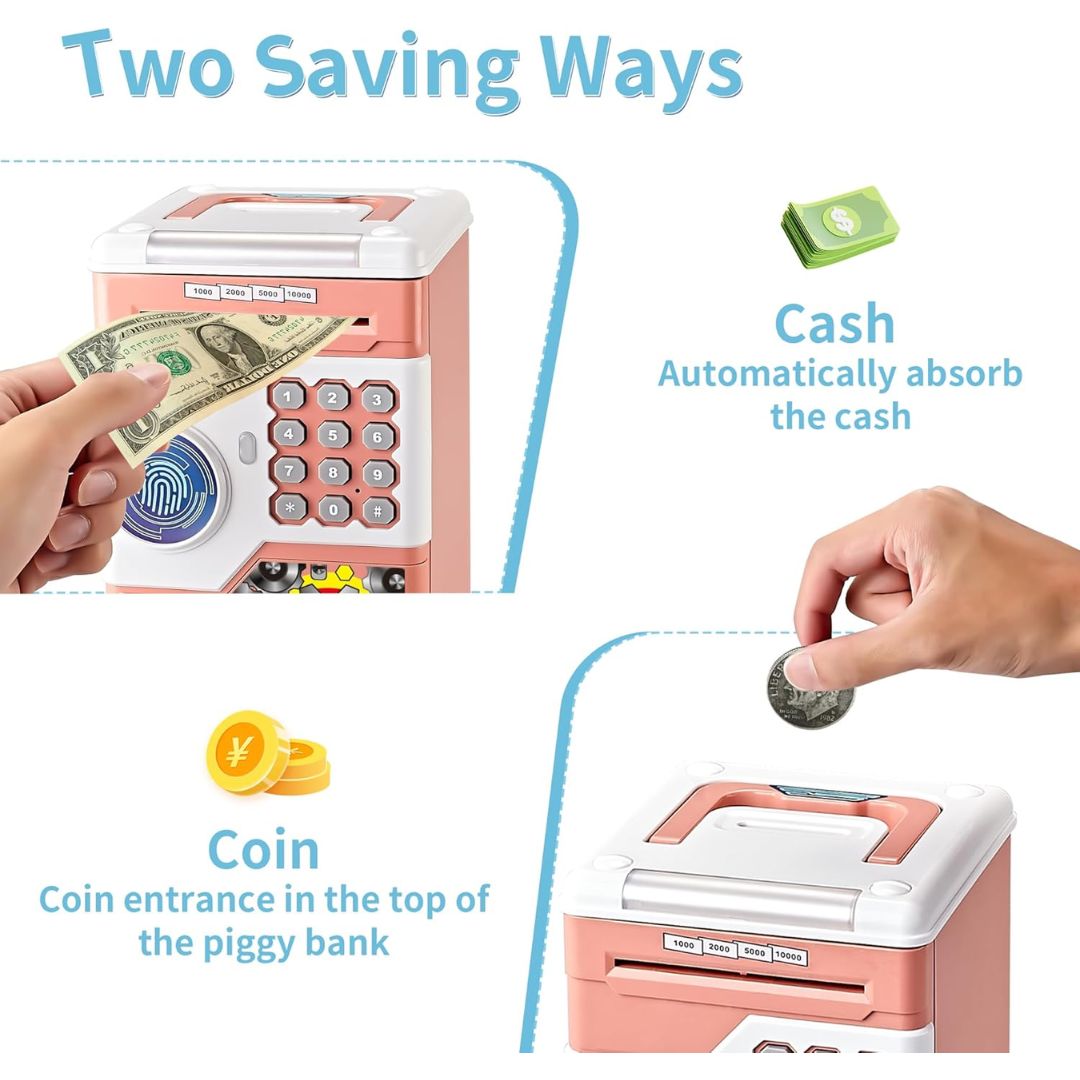 Roze sef kasica prikazuje dva načina štednje – automatsko uvlačenje papirnog novca i ubacivanje kovanica odozgo.