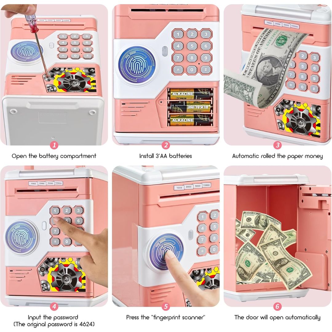 Uputstvo za korišćenje roze sef kasice: umetanje baterija, automatsko uvlačenje novca, unos šifre 4624, aktiviranje fingerprint senzora i automatsko otvaranje vrata.