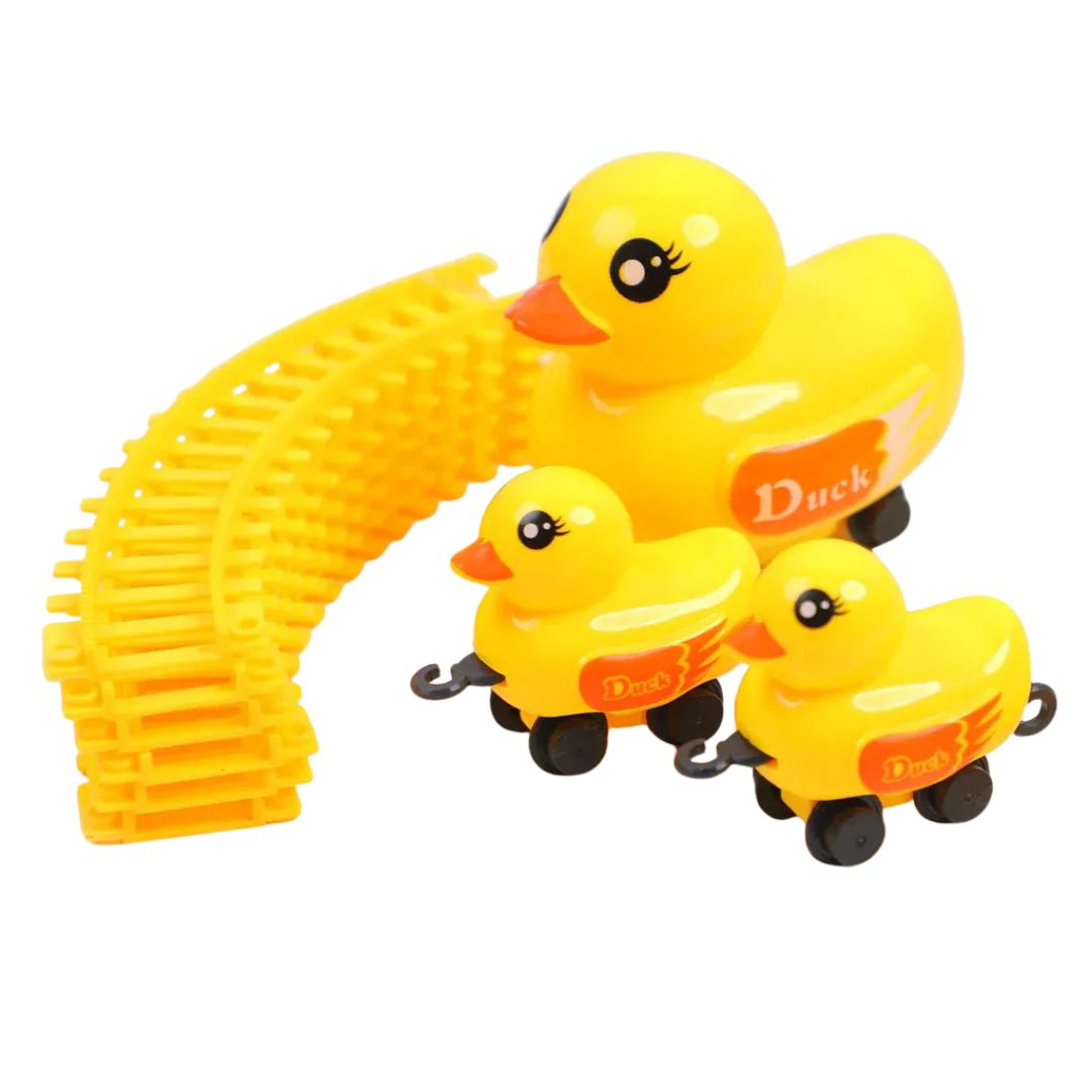 Električni vozić patka sa dve manje patkice i šinama – edukativna igračka za decu